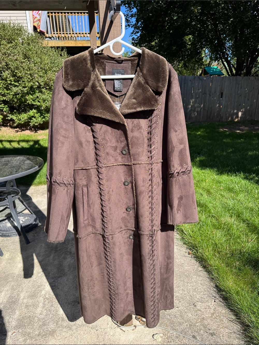 Dennis Basso brown faux fur lined faux suede full length coat L